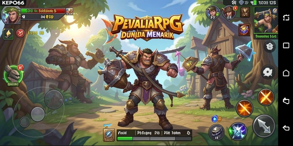 Screenshot menunjukkan karakter utama beraksi dalam pertempuran RPG yang seru.