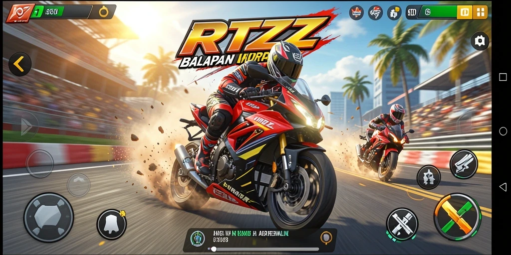 Gameplay RTZZ memukau dengan balapan motor yang intens.