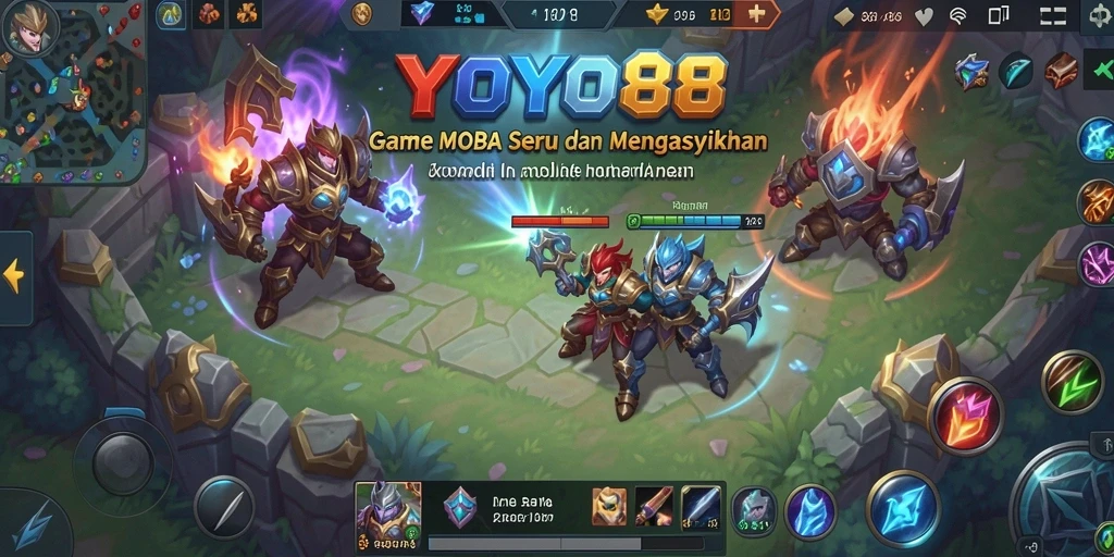 Screenshot gameplay MOBA menampilkan pertarungan epik dan strategi tim.
